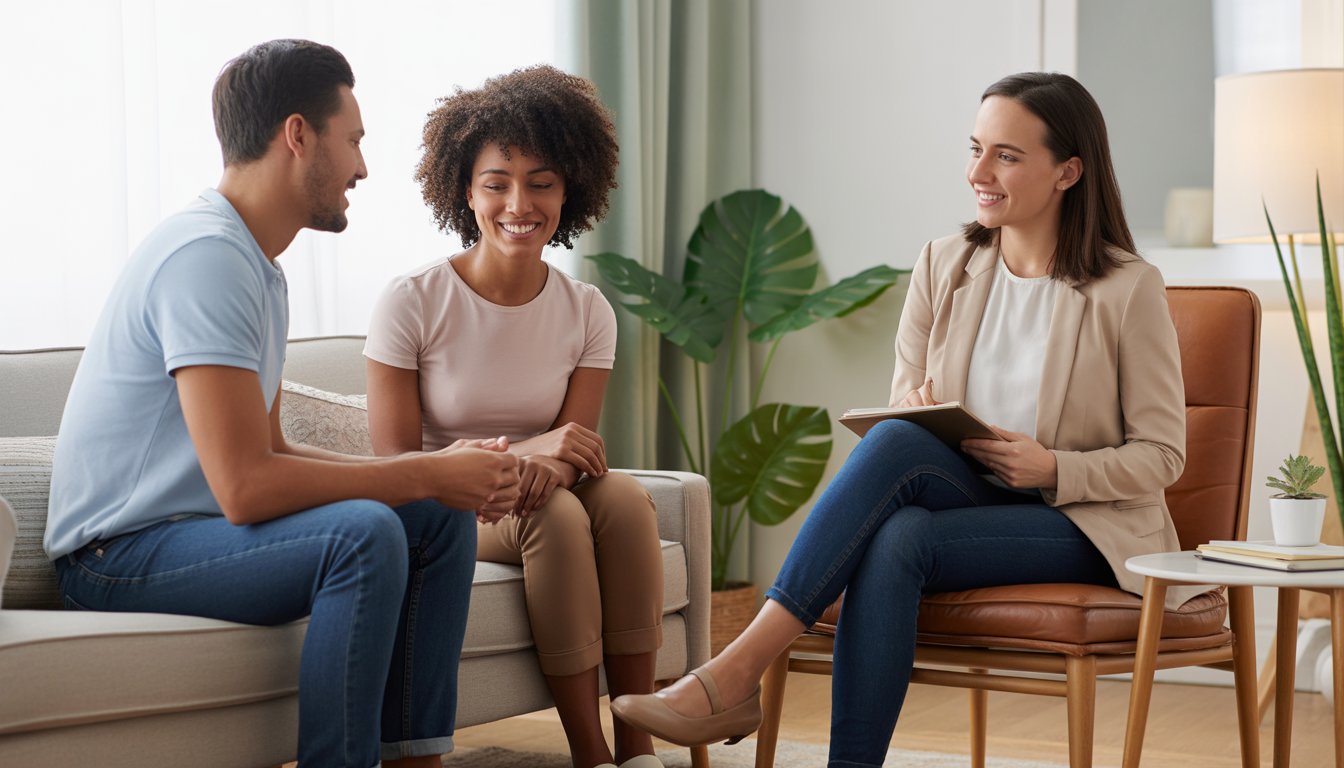 A therapist meeting with a diverse couple and an individual in a bright, comfortable counseling office.
