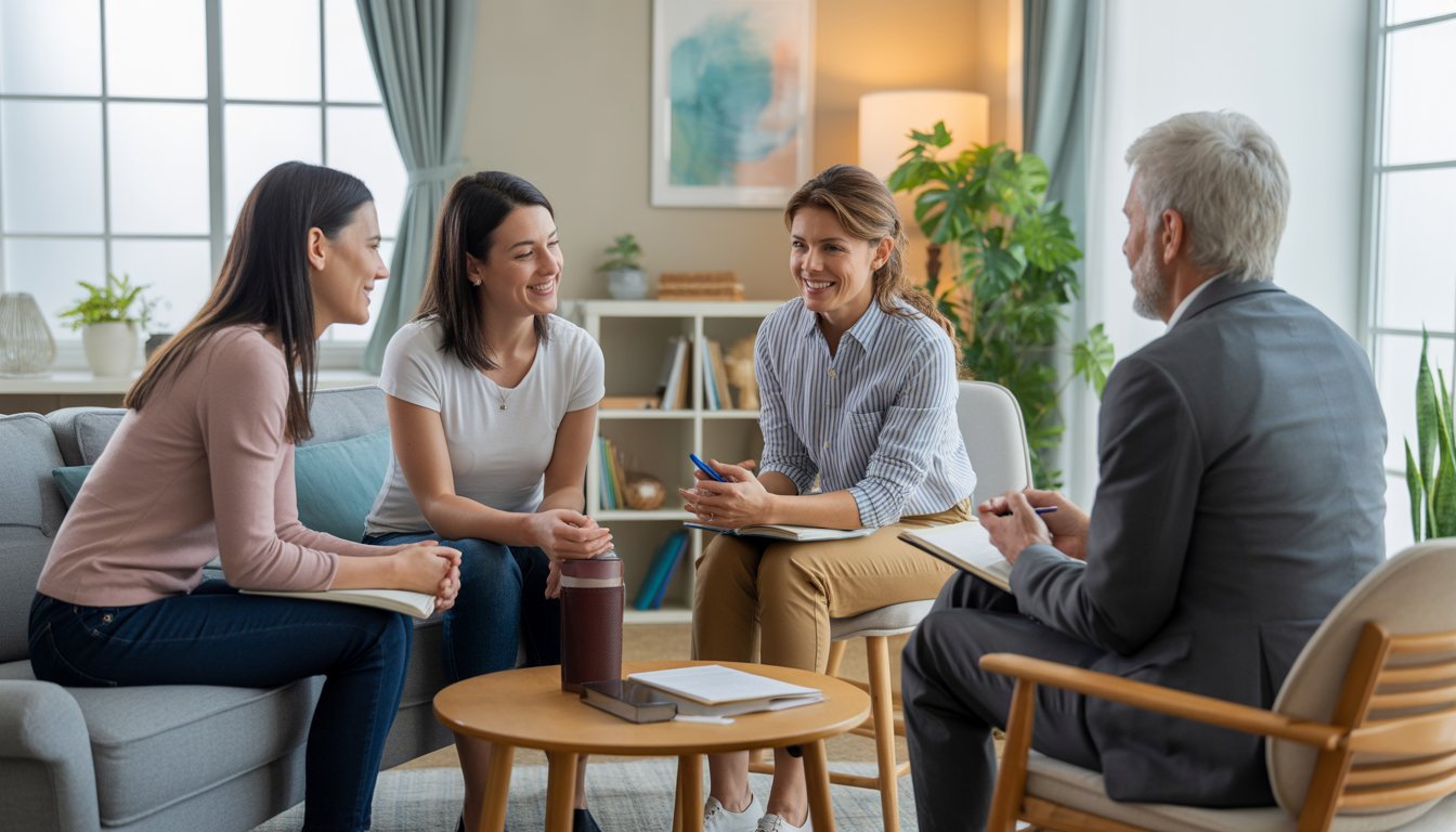 Three adults and a therapist having a supportive conversation in a comfortable counseling office.