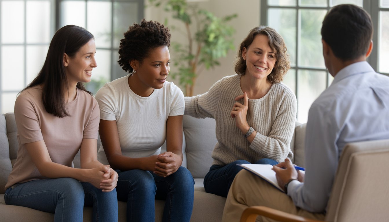 Three adults in a counseling session with a therapist in a cozy office, engaged in a supportive conversation.
