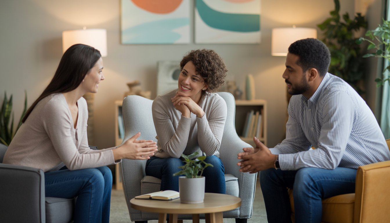 Three adults sitting in a comfortable therapy office, engaged in a supportive conversation.