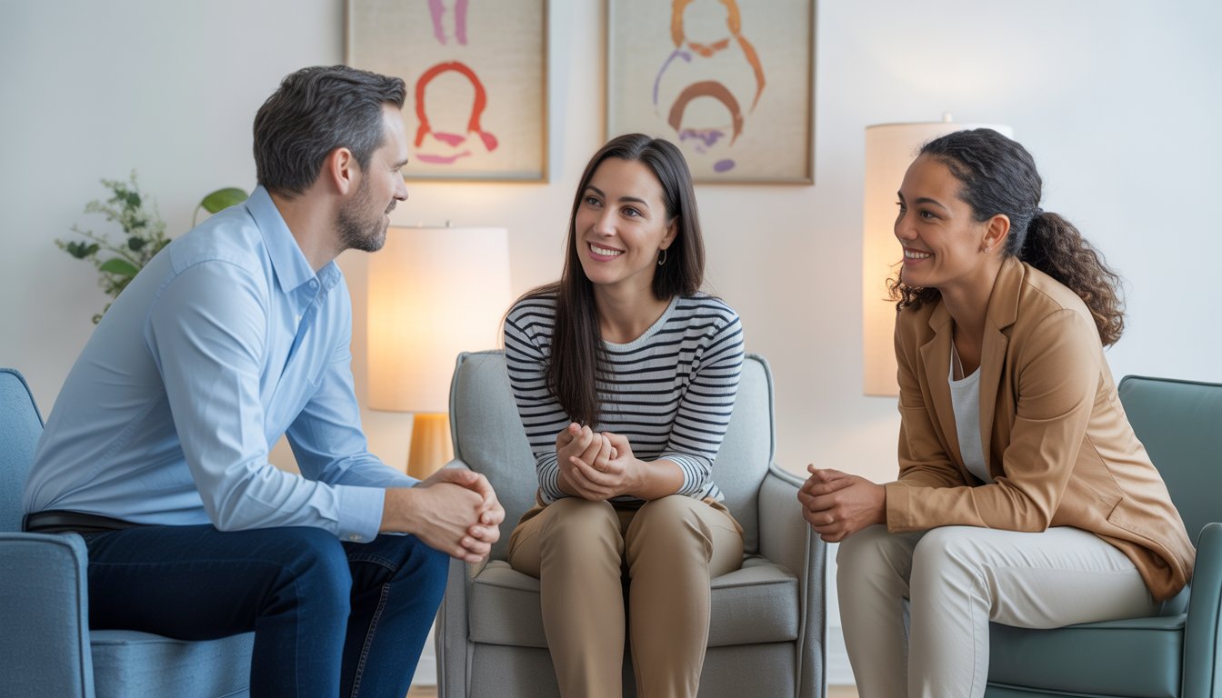 Three therapists having a supportive conversation in a bright, comfortable therapy office.