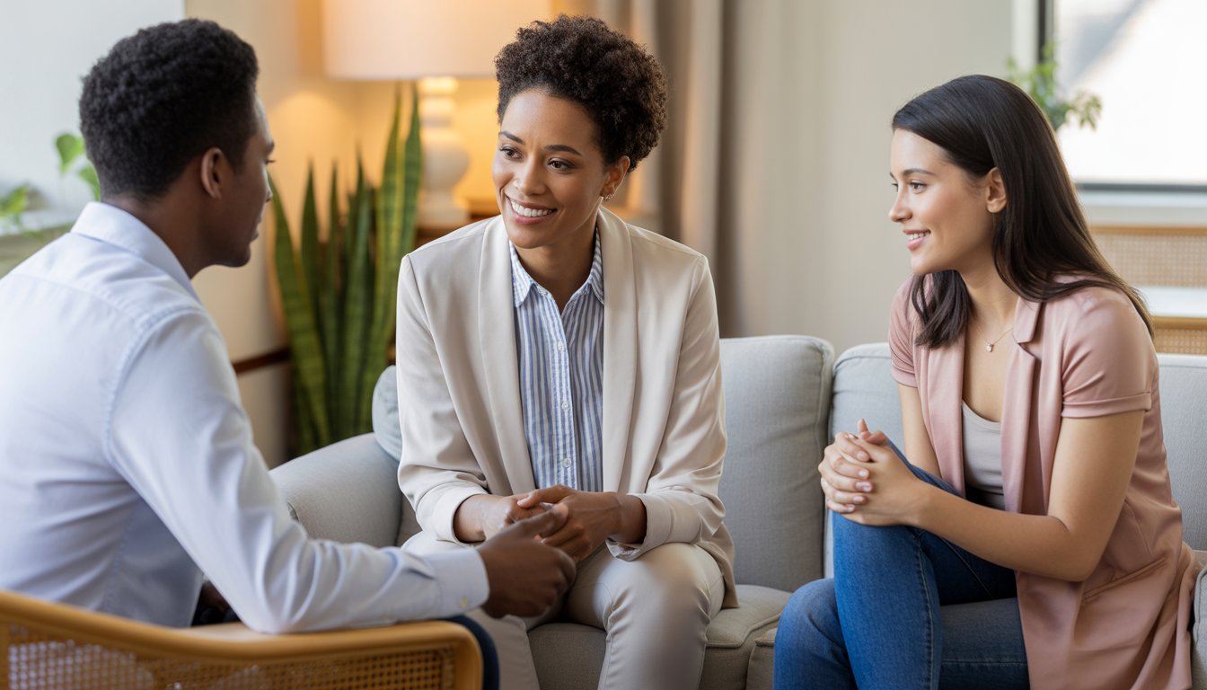 Three adults sitting in a bright, modern therapy office having a supportive conversation, with a city view through the window.