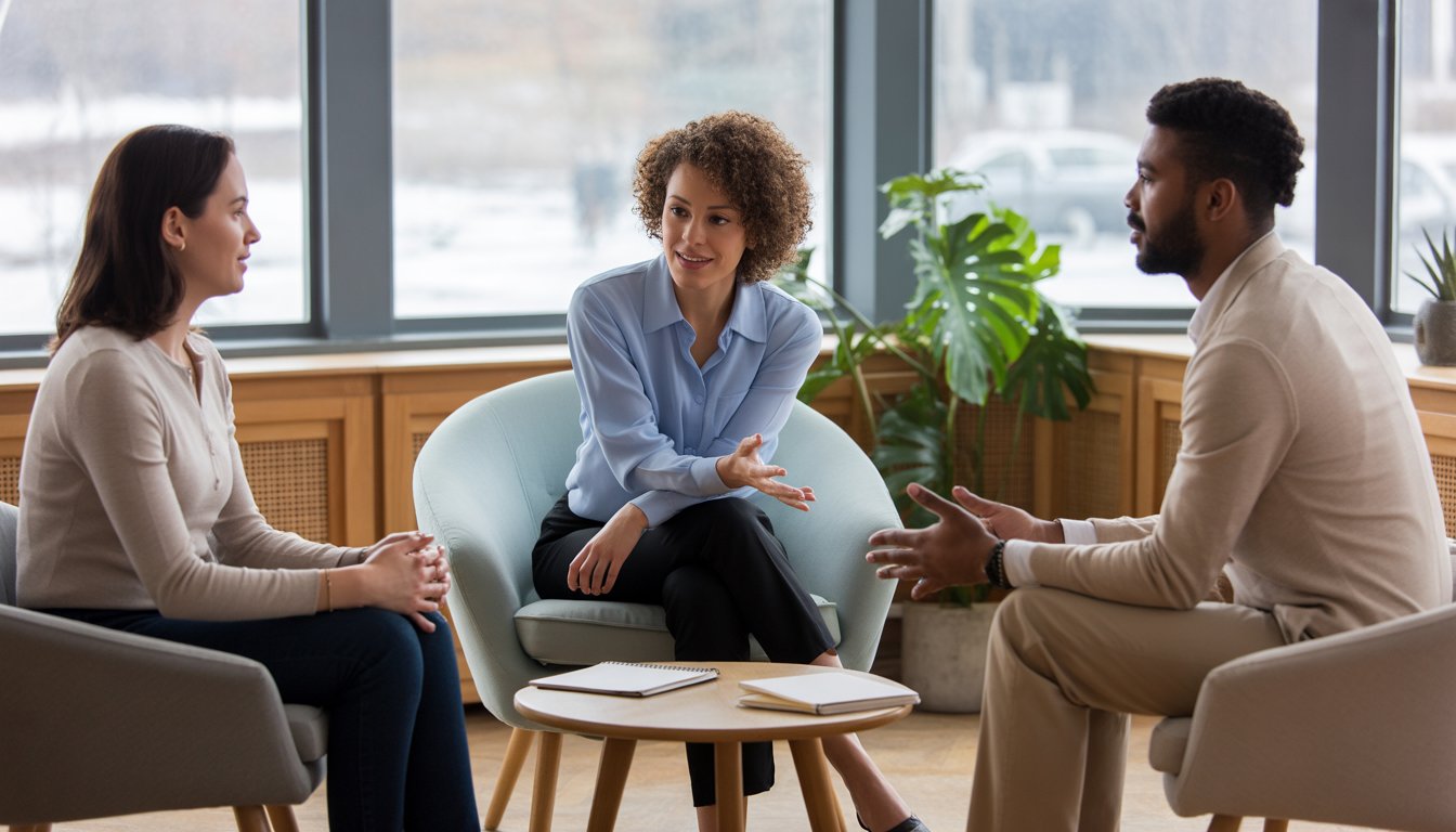Three counselors sitting in a therapy office having a supportive conversation.