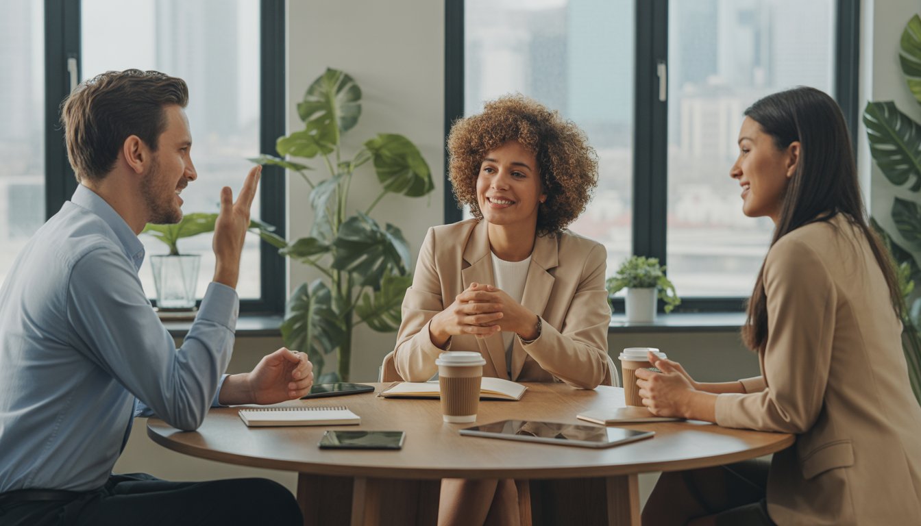 Three therapists having a friendly discussion around a table in a bright office with large windows showing a city view.
