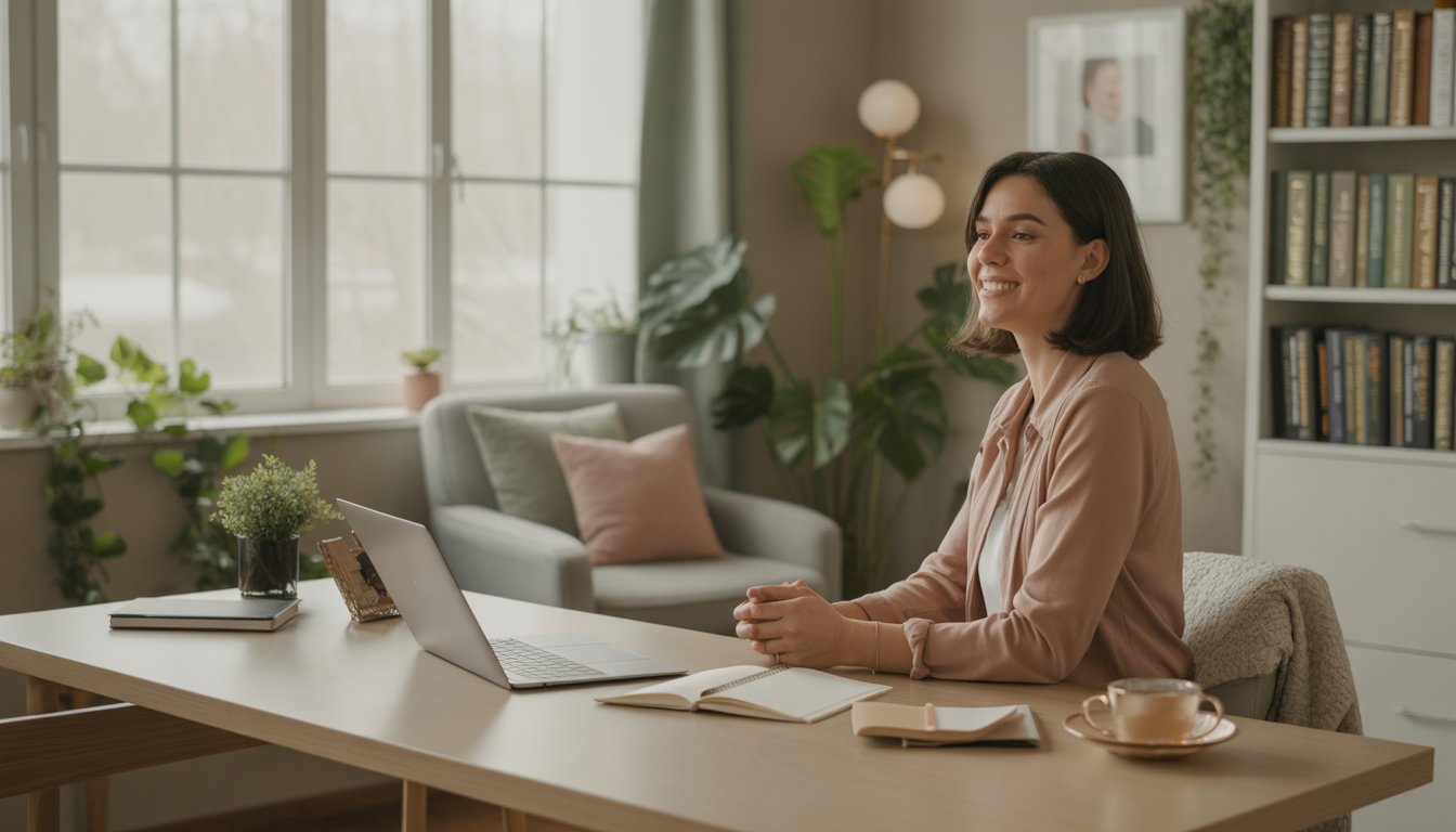 A female therapist sitting in a bright, cozy office with plants and bookshelves, creating a welcoming environment.