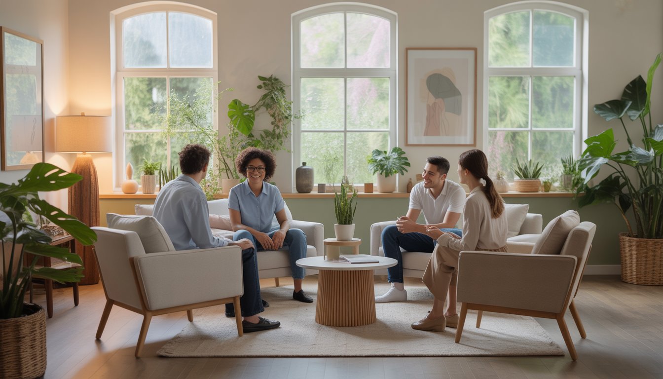 Two therapists and a couple having a supportive conversation in a bright, plant-filled therapy room with large windows and comfortable seating.