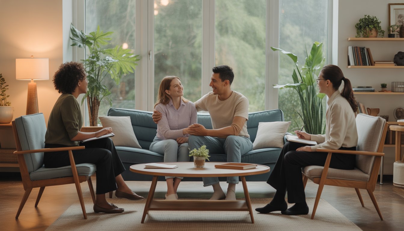 Two therapists talking with a smiling couple in a bright, comfortable therapy office with plants and large windows.