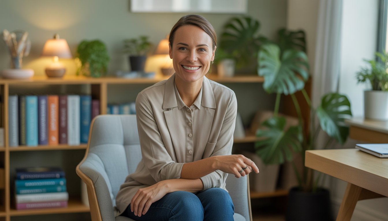 A female therapist sitting in a comfortable office with bookshelves and plants, smiling warmly.