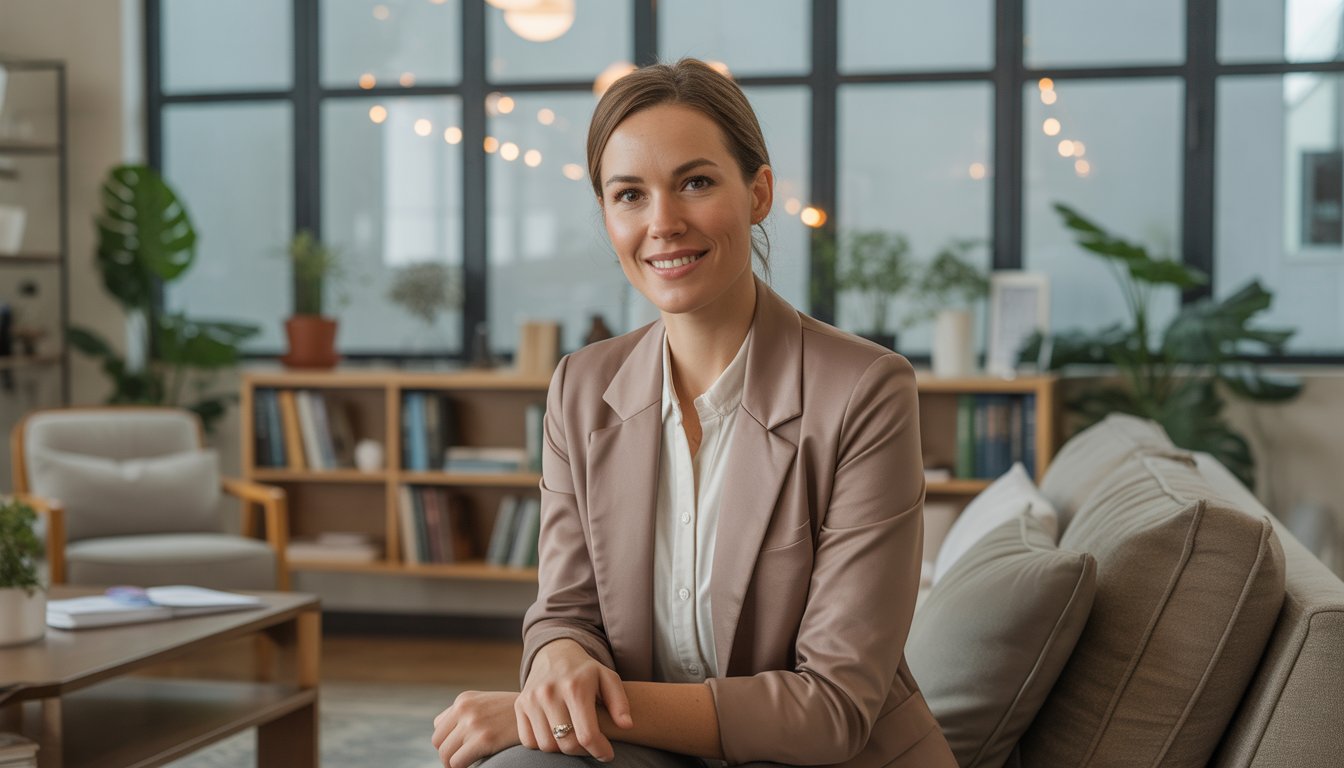 A female therapist sitting in a comfortable office with bookshelves and plants, looking approachable and ready to help.