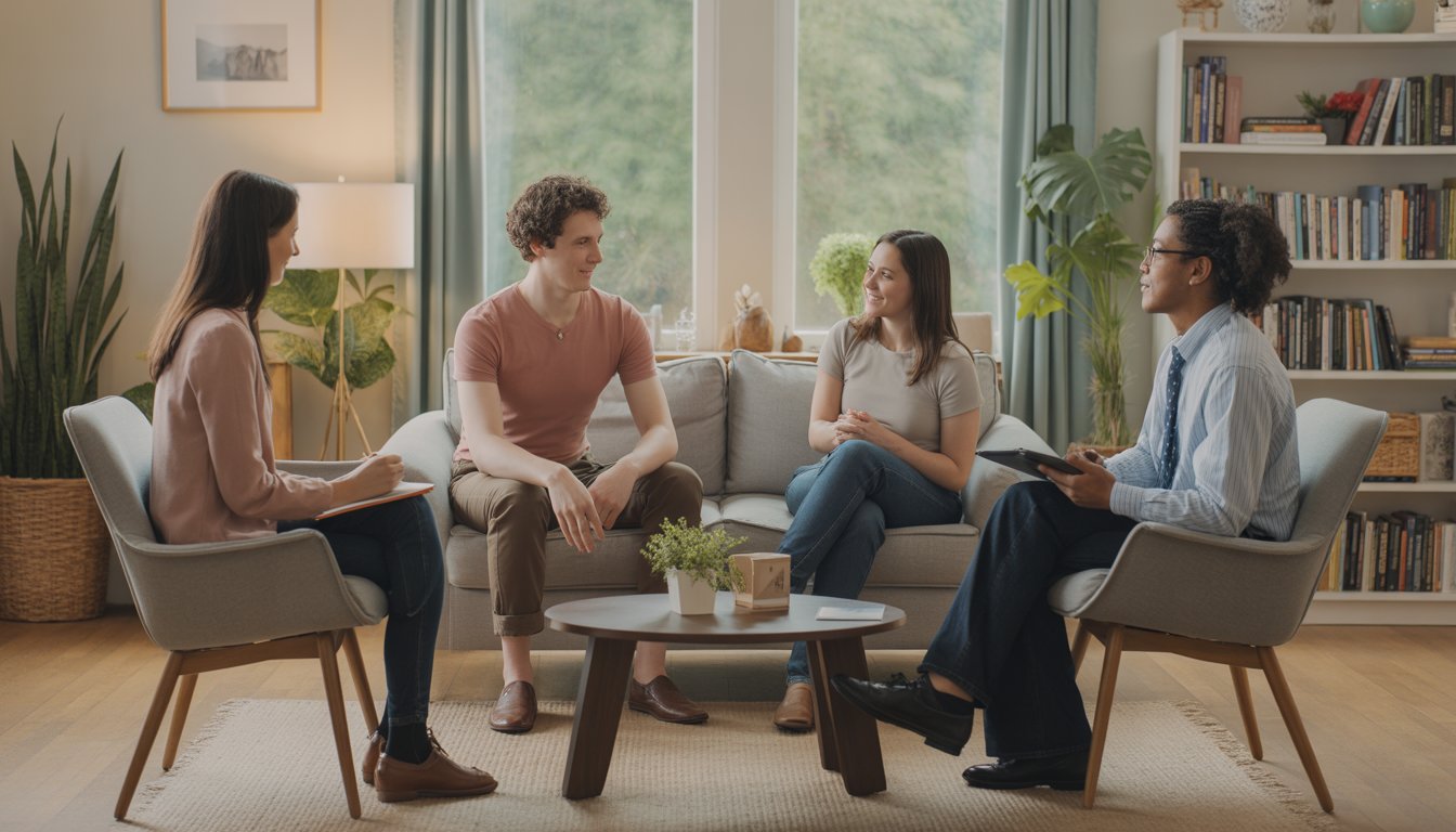 Two therapists and a couple engaged in a supportive counseling session in a bright, cozy office with plants and books.