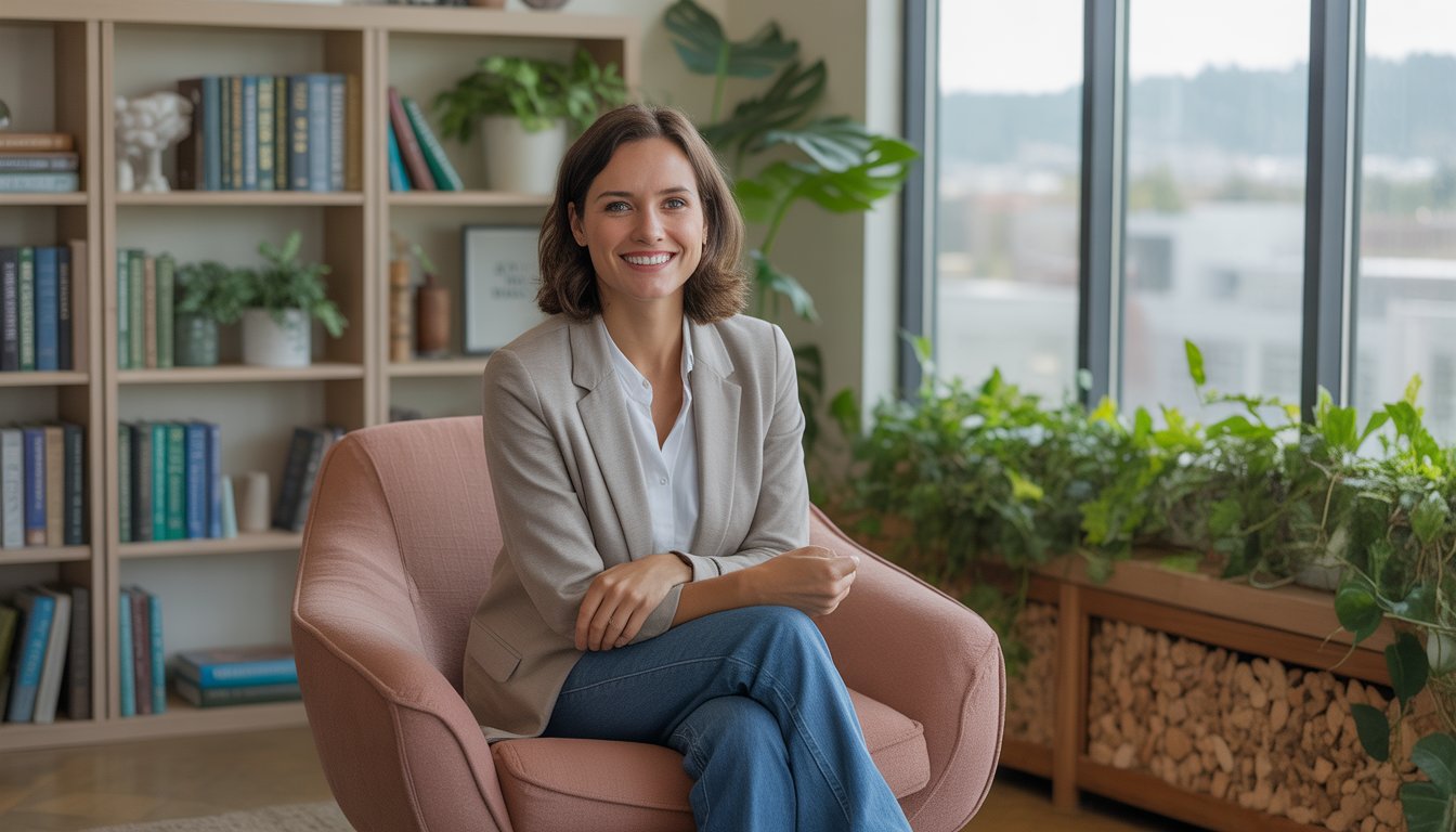 A female therapist sitting in a cozy office with bookshelves and plants, smiling warmly.