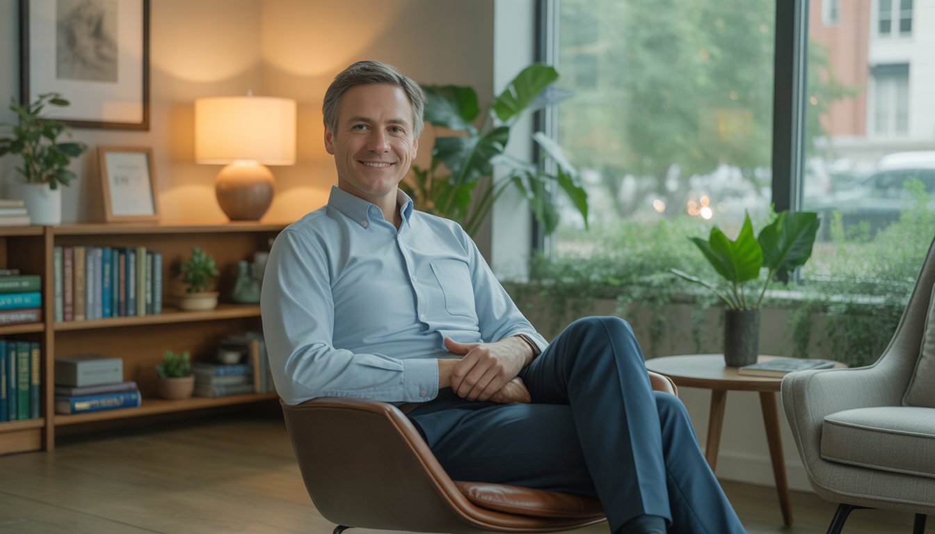 A friendly male therapist sitting in a cozy office with bookshelves, plants, and a window showing an urban view.