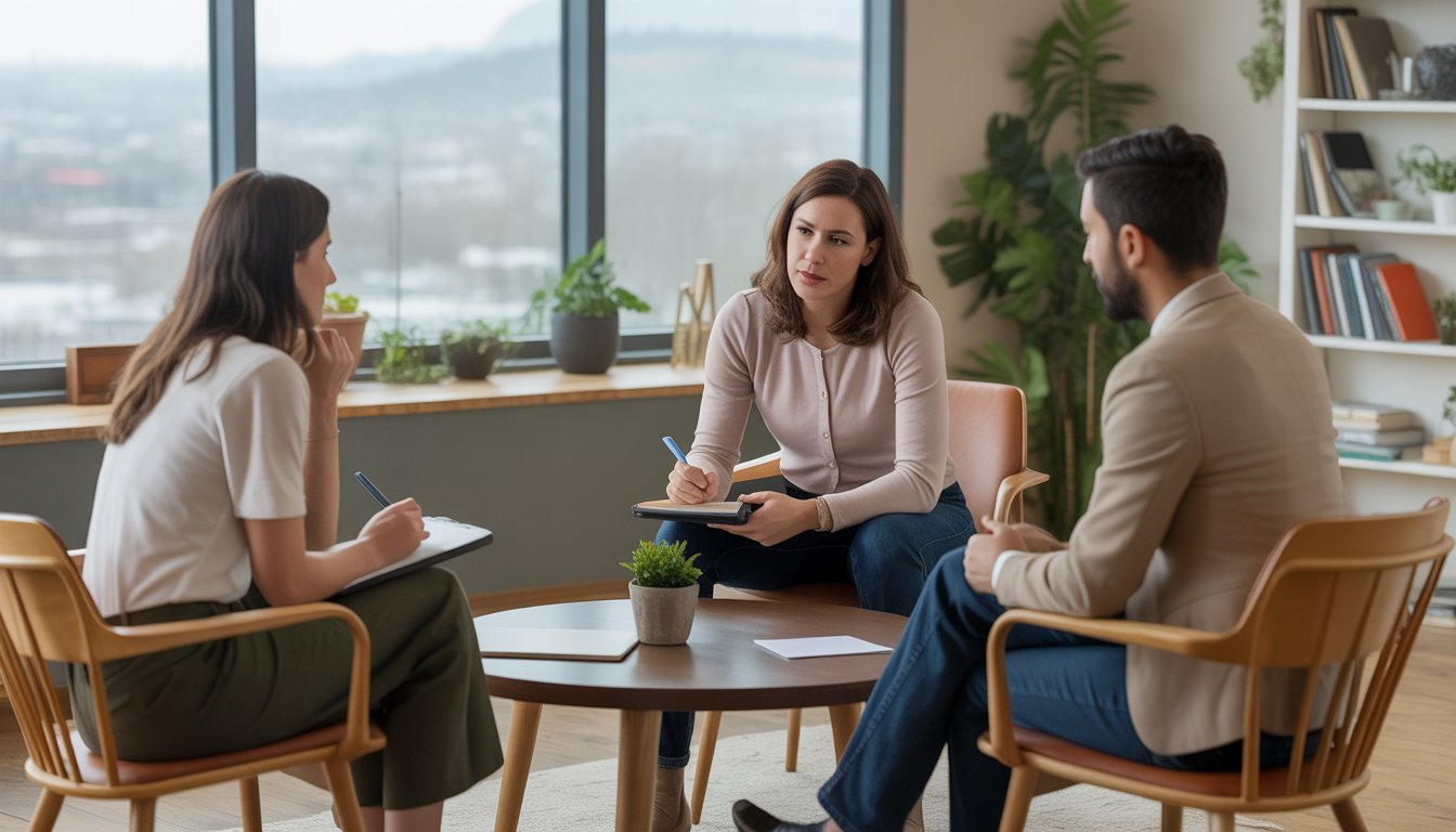 Three therapists having a supportive discussion around a table in a bright office with large windows and plants.