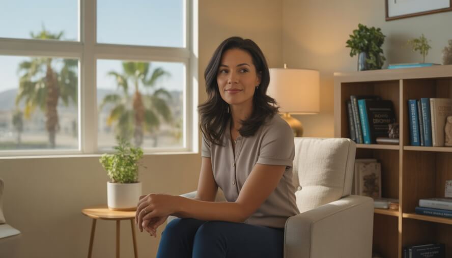 A female therapist sitting in a bright, welcoming office with books and plants, looking calm and approachable.