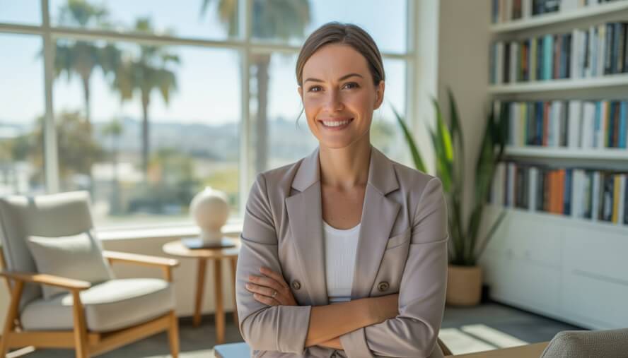 A female therapist sitting in a bright office with a window showing palm trees and city buildings outside.