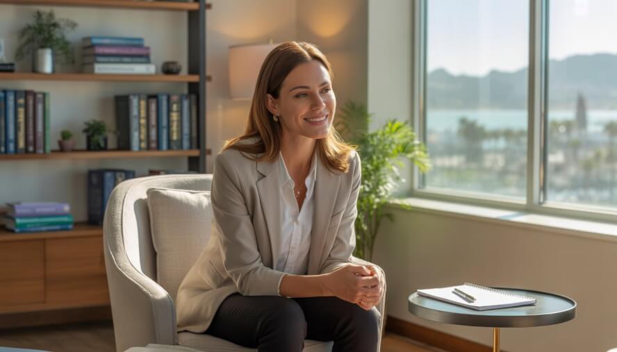 A female therapist sitting in a cozy office with bookshelves and a window showing a sunny city view.