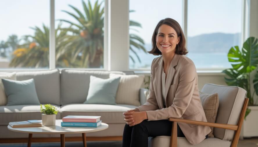 A female therapist sitting in a bright office with a view of palm trees and the Santa Monica coastline, smiling warmly.