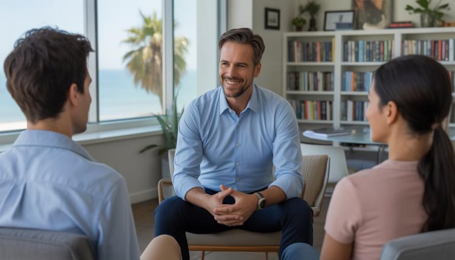 A male therapist talking with a couple in a bright office with a view of palm trees and the ocean.