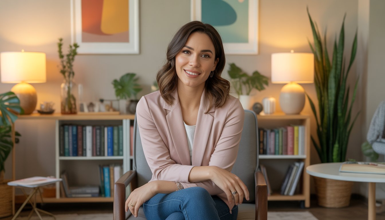A female therapist sitting in a comfortable chair in a warmly lit office with bookshelves and plants, smiling warmly.