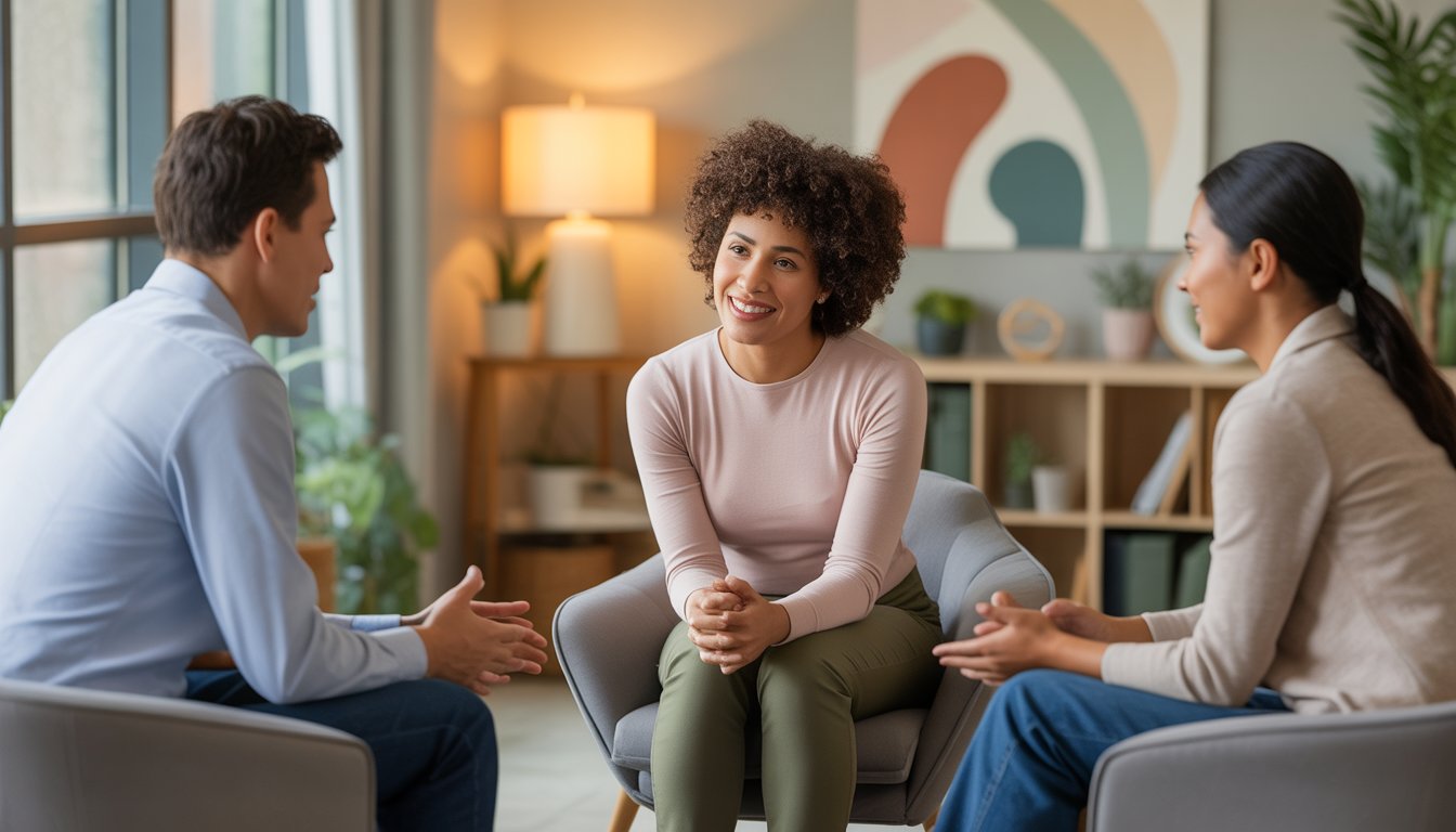 Three adults having a supportive conversation in a bright, comfortable therapy office.
