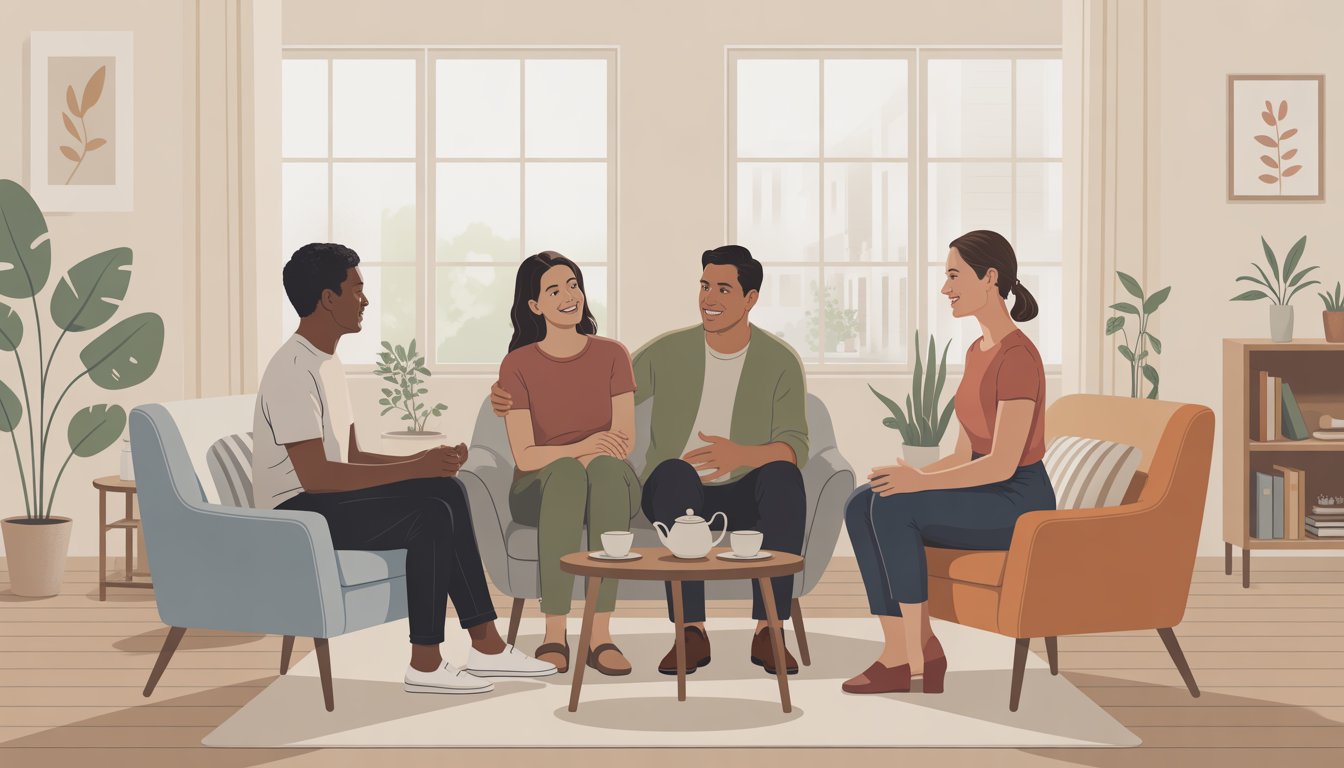 Three adults having a supportive conversation in a bright, cozy therapy office with plants and bookshelves.