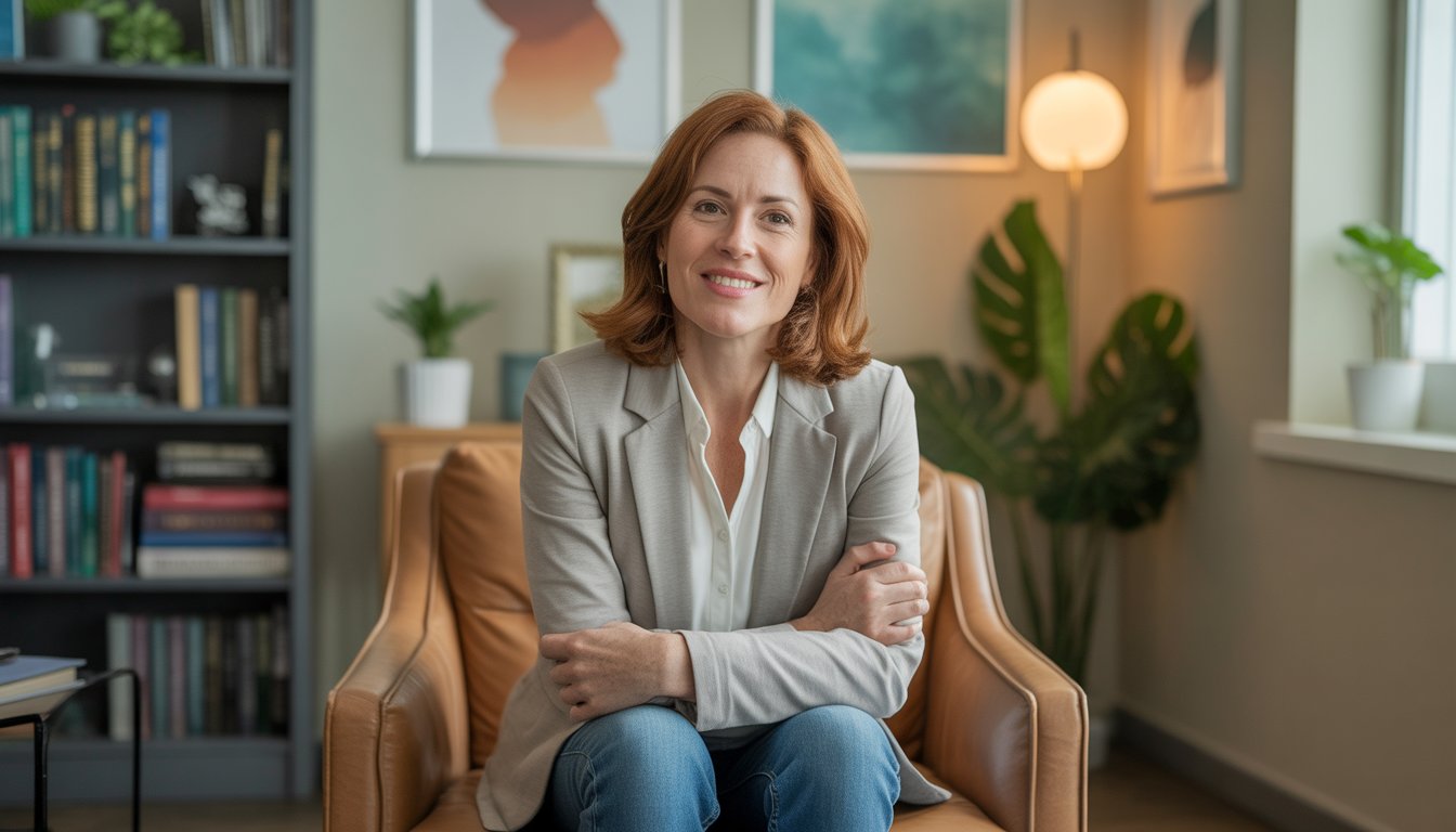A female therapist sitting in a comfortable office with bookshelves and plants in the background.