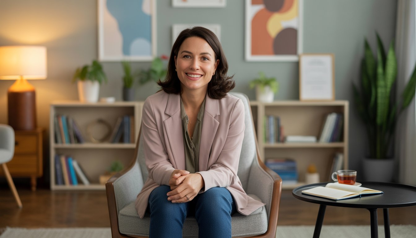 A female therapist sitting in a comfortable chair in a warmly lit therapy office with bookshelves and plants in the background.