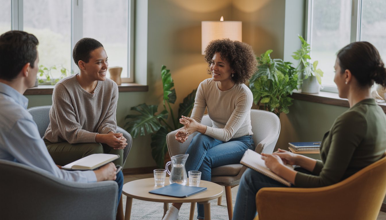 Three diverse adults sitting in a circle in a cozy counseling room, engaged in a supportive group therapy session.