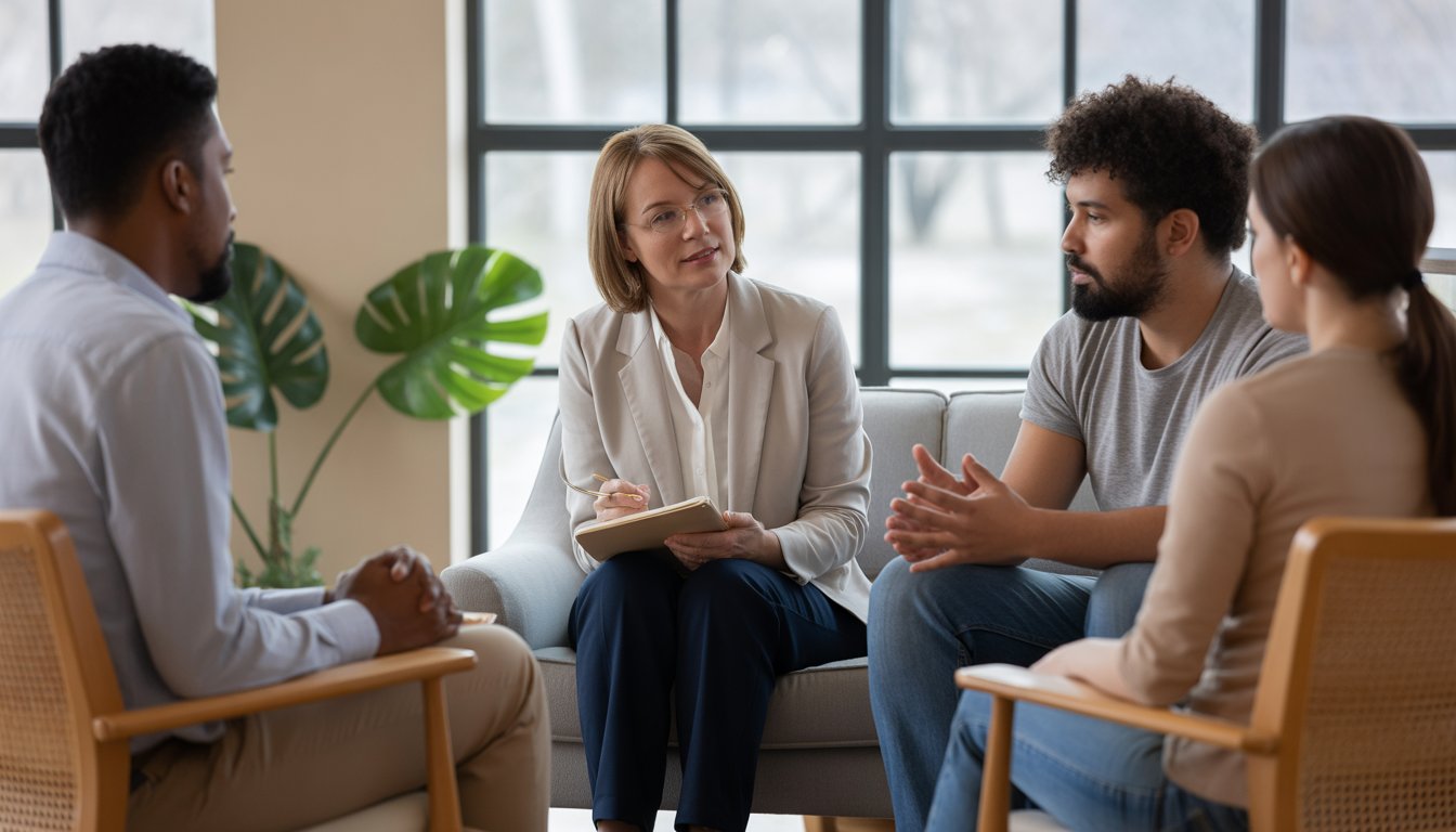 A therapist and three adults of diverse backgrounds having a supportive group conversation in a bright counseling office.