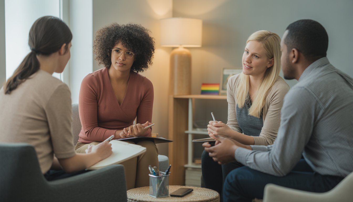 Three people engaged in a supportive therapy session in a cozy office, showing attentive listening and open communication.