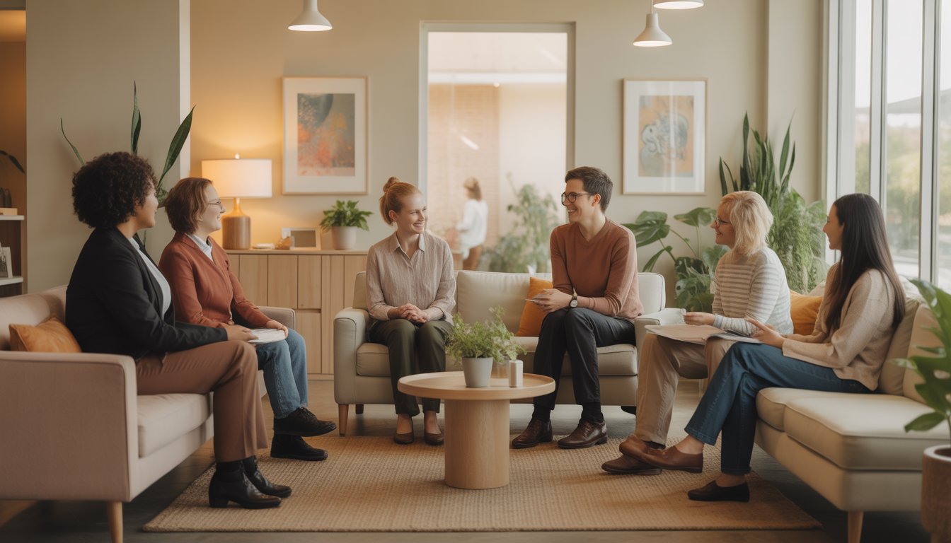 A warm, inviting therapy clinic reception area with diverse therapists and clients engaged in conversation.