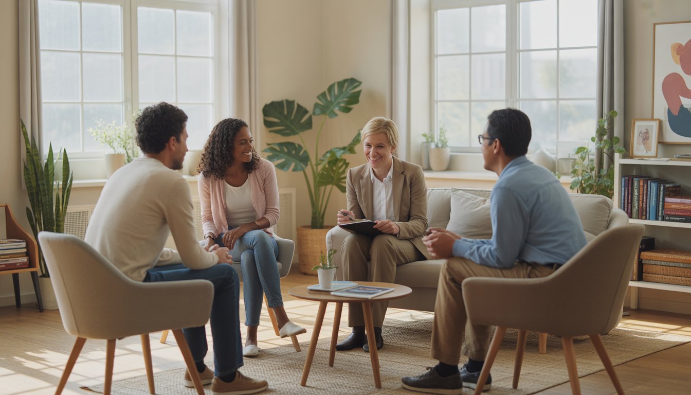 A therapist meeting with a couple and an individual in a bright, comfortable counseling office.