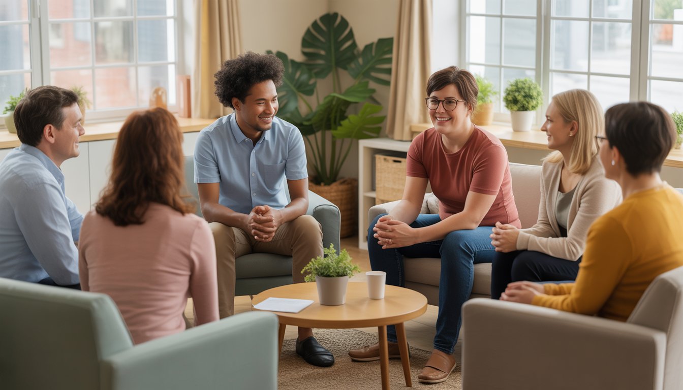 A diverse group of people and a therapist sitting together in a bright, cozy therapy room having a supportive conversation.