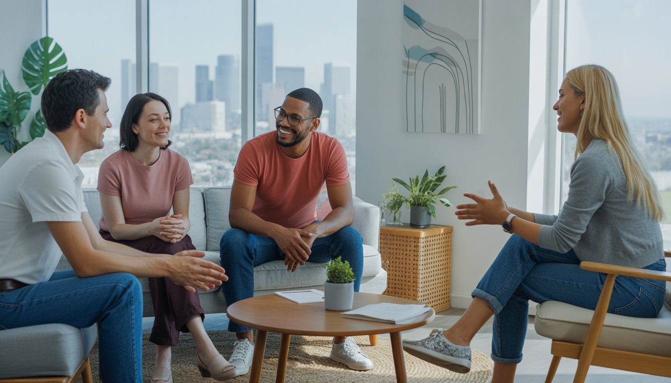 A group therapy session with three adults and a therapist talking together in a bright, modern office with large windows showing a city view.
