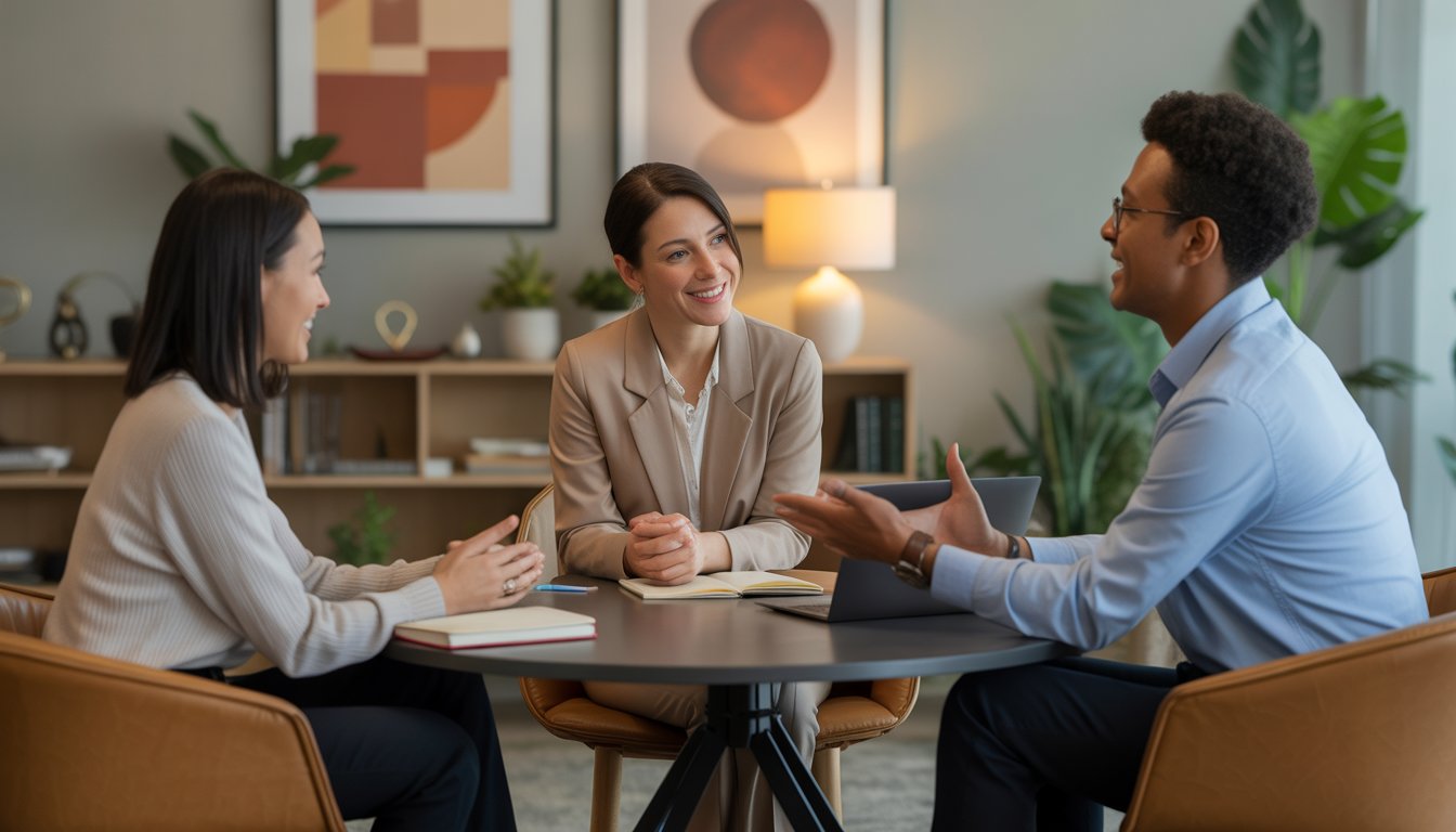 Three therapists having a supportive discussion around a table in a cozy office.