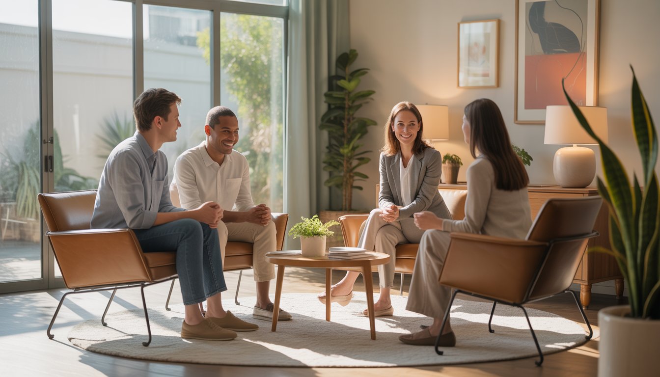 A therapist talking with a couple and an individual in a bright, comfortable therapy office.