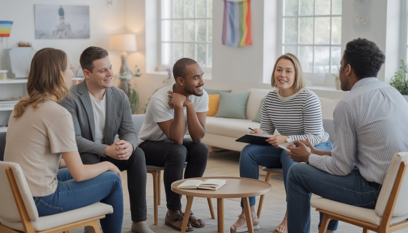 A diverse group of people in a therapy session sitting in a bright room, engaging in a supportive conversation with a therapist.