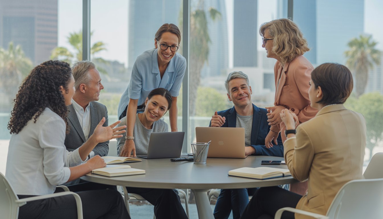 A diverse group of mental health professionals having a supportive meeting in a bright office with a view of Los Angeles.