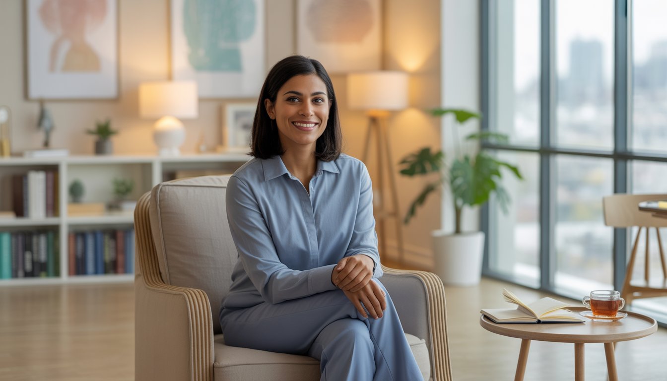 A female therapist sitting in a bright, modern office with bookshelves and a window showing a cityscape in the background.
