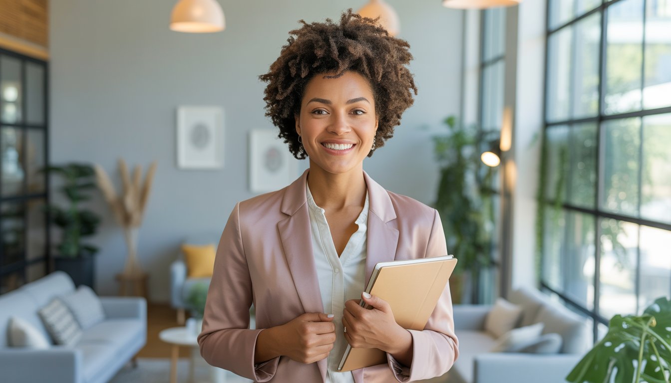 A confident woman standing in a bright therapy office with plants and comfortable seating.