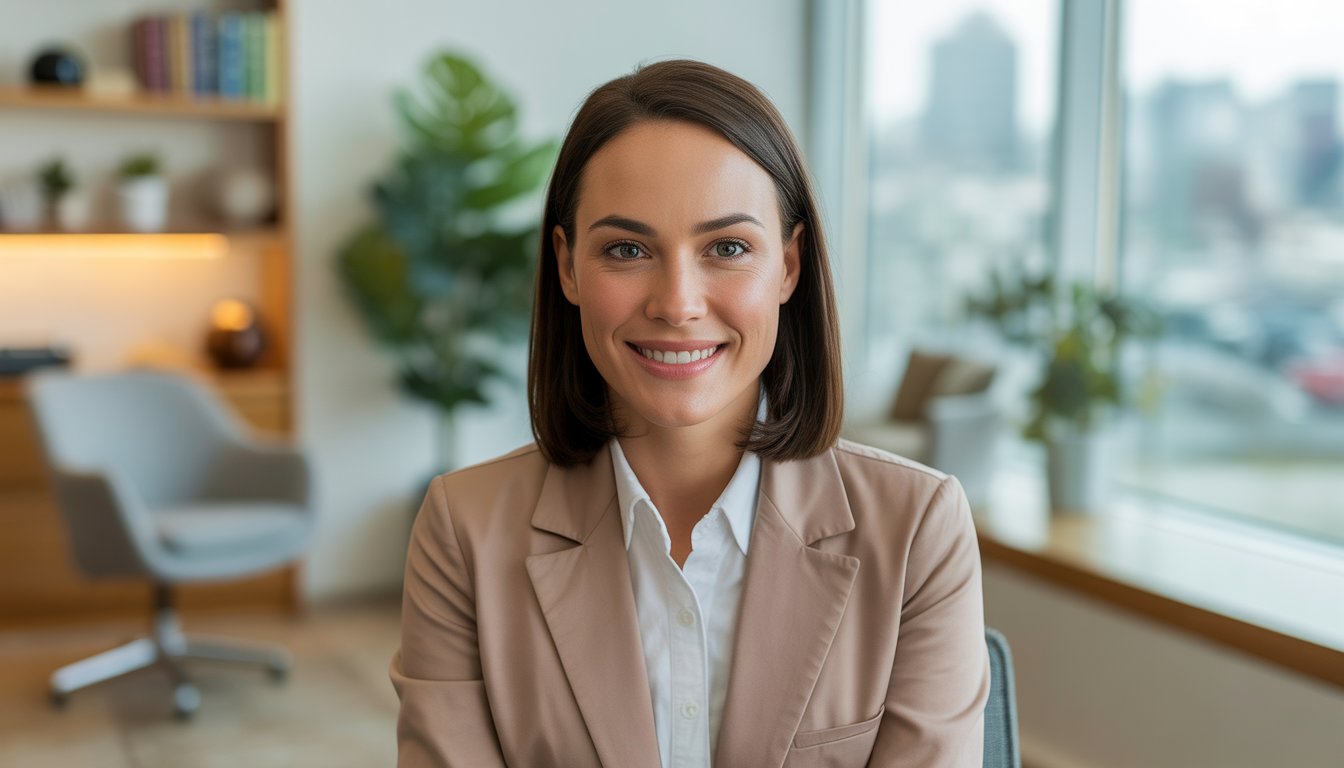 A woman sitting in a modern office with a bookshelf and plant, smiling warmly.