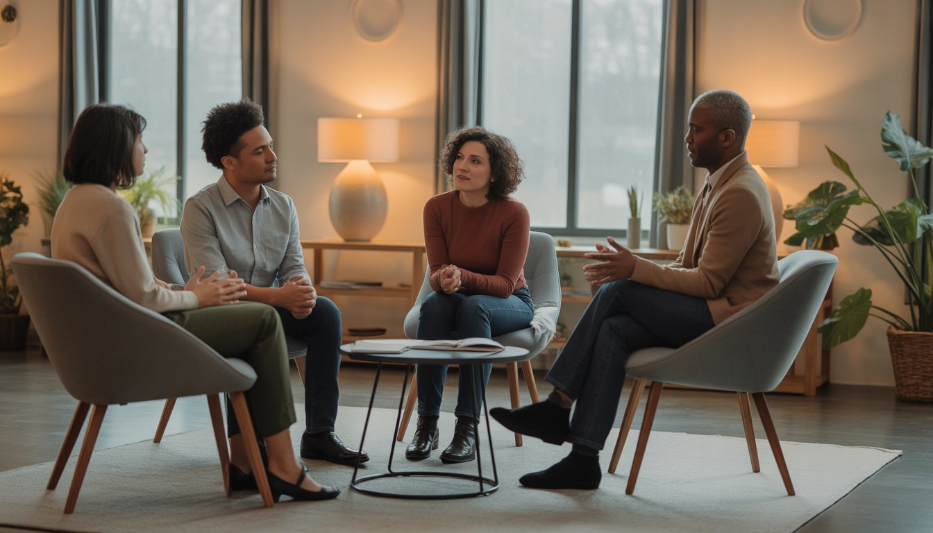 Three adults of diverse backgrounds sitting in a circle in a counseling office, engaged in a supportive group conversation.