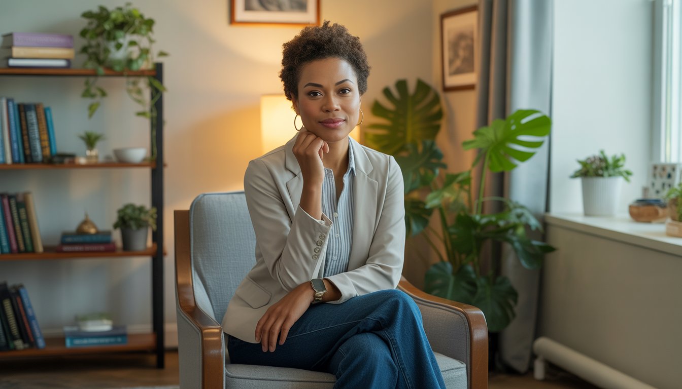 An African-American female therapist sitting in a comfortable office with books and plants, smiling gently.