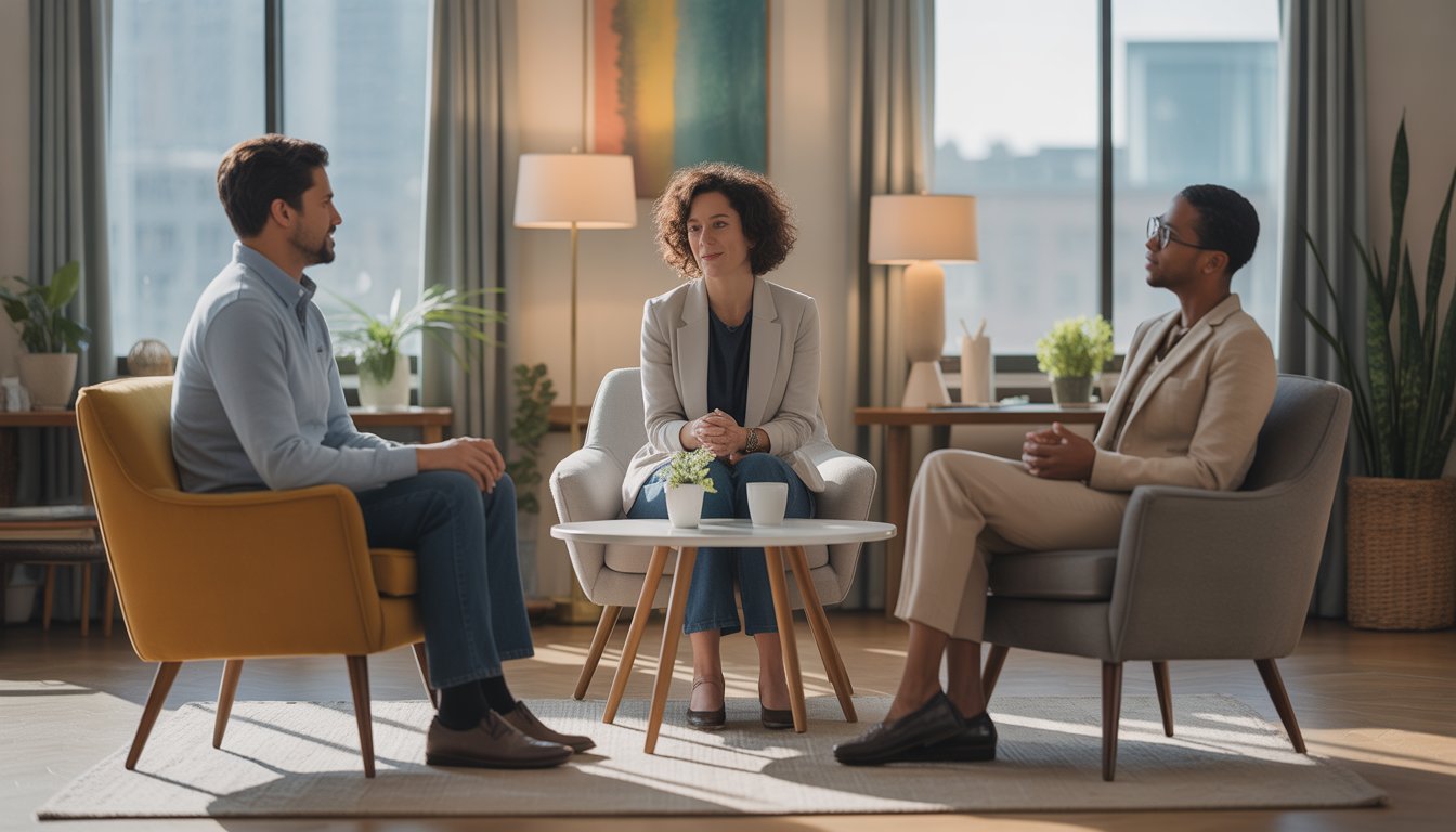 A therapist talking with a couple and an individual in a comfortable office with large windows showing a city view.