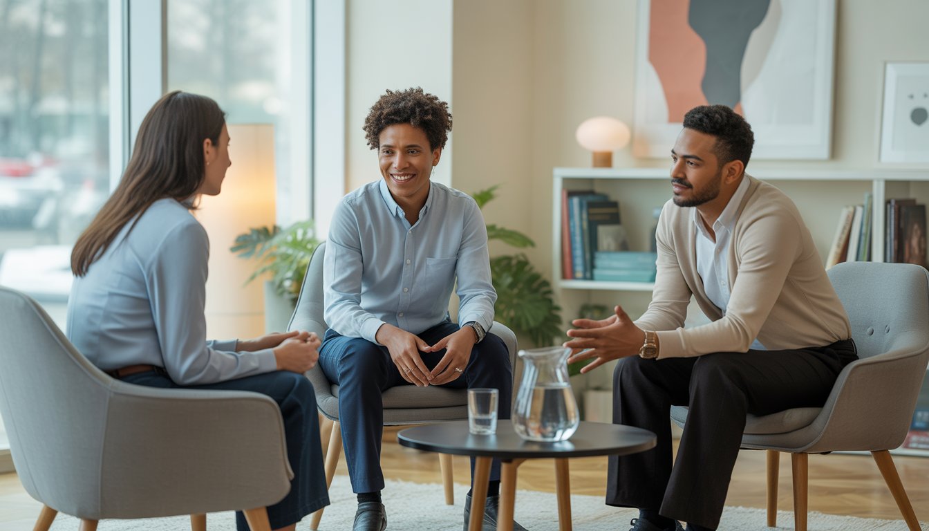 Three adults having a supportive conversation in a bright, modern counseling office with comfortable seating and plants.