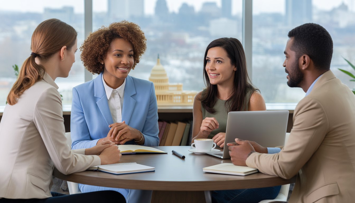 Two therapists talking with a couple in a bright office with a view of Washington, DC.