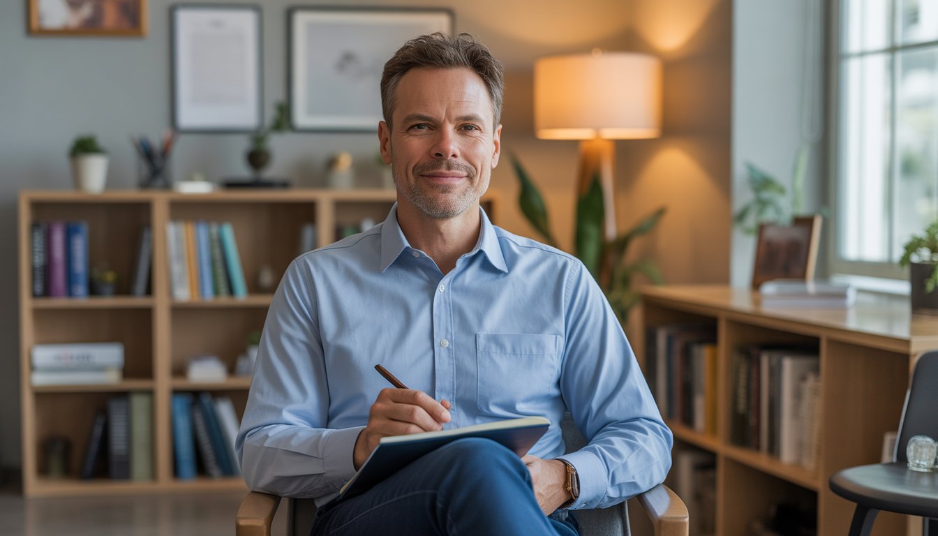 A middle-aged male therapist sitting in a modern office, holding a notepad, with bookshelves and a plant in the background.