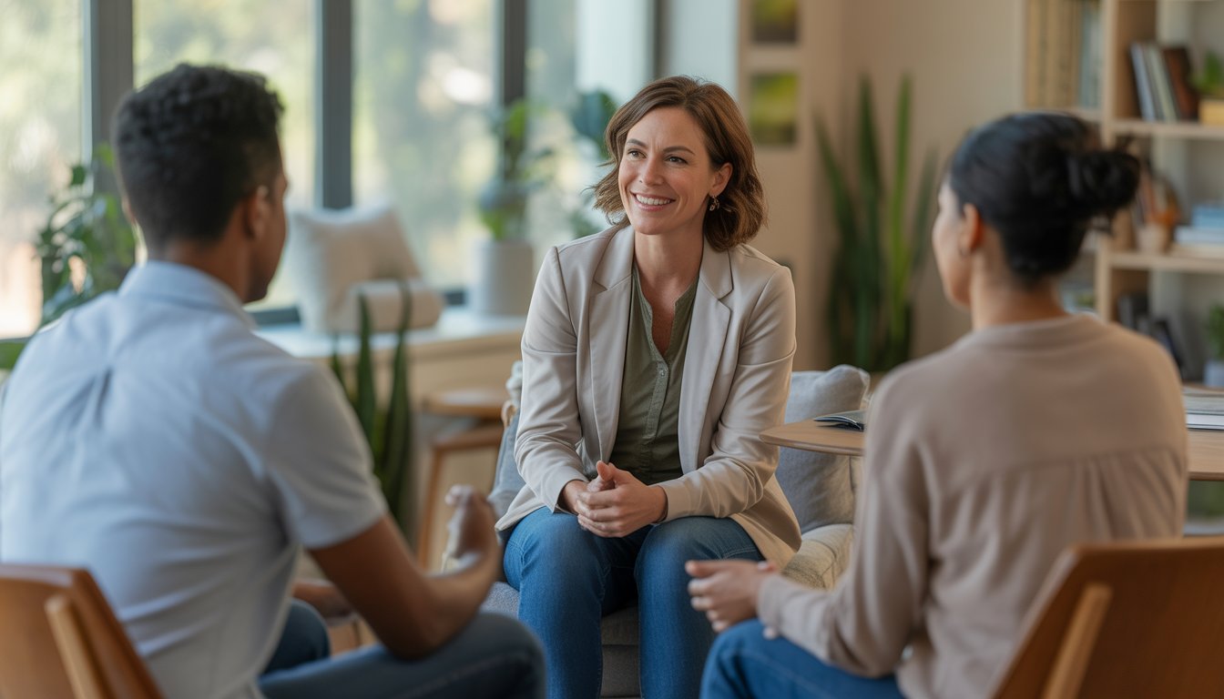 A female therapist in a bright office talking with a diverse couple, creating a supportive and welcoming atmosphere.