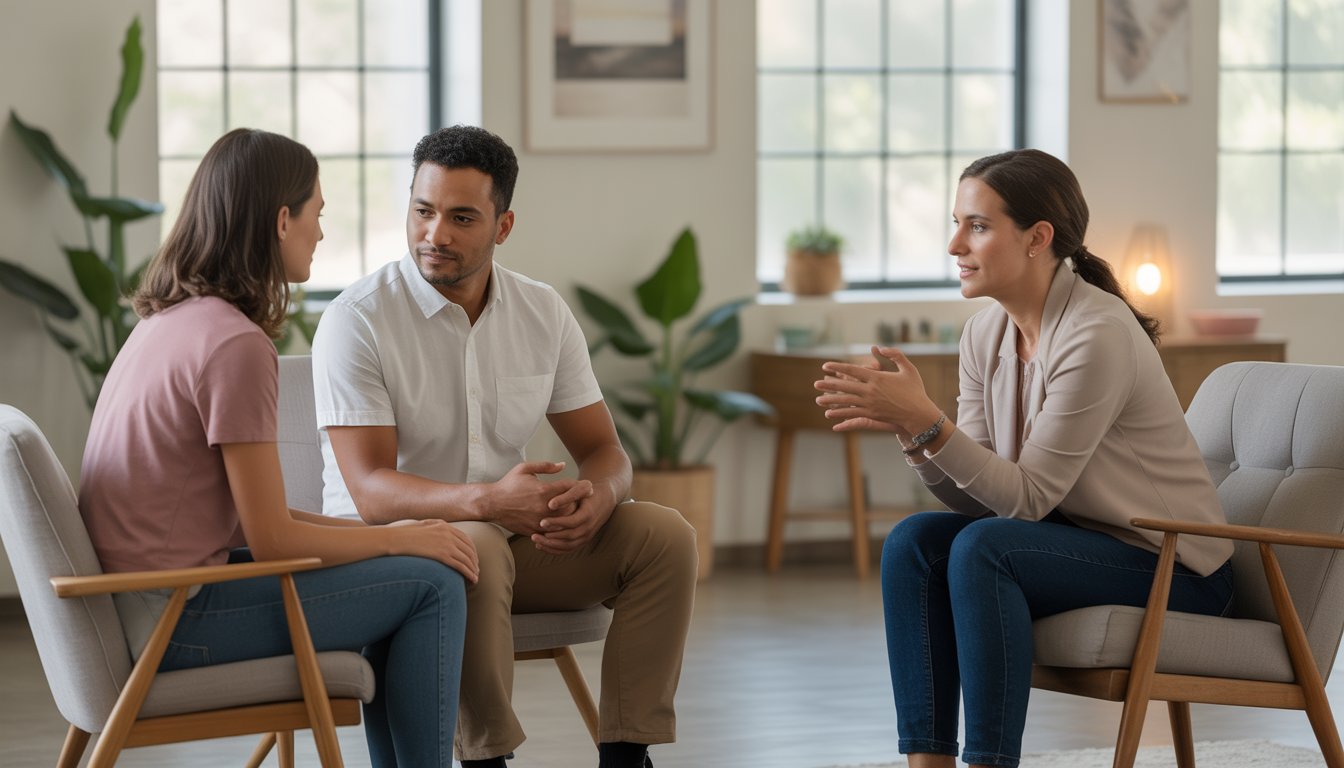 A therapist talking with a couple in a bright, comfortable counseling office.