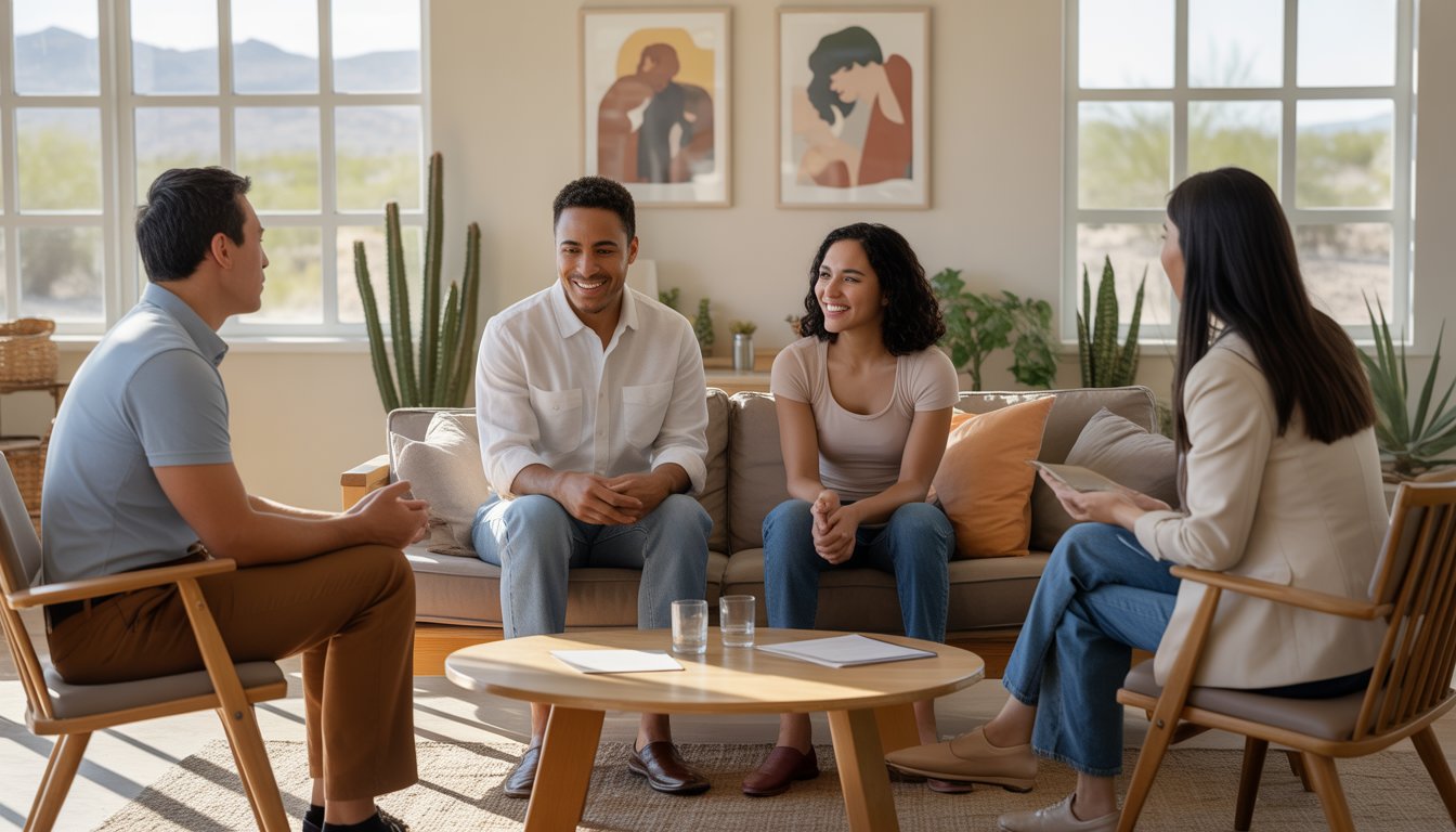 Two therapists and a diverse couple having a supportive conversation in a bright counseling office with desert scenery outside.